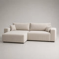 Canapé d'angle 280x160x85 cm en polyester beige côtelé avec méridienne gauche et coussins