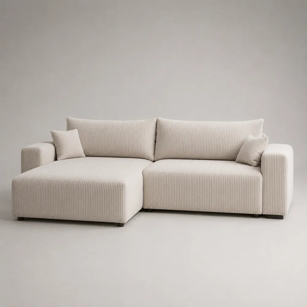 Canapé d'angle 280x160x85 cm en polyester beige côtelé avec méridienne gauche et coussins
