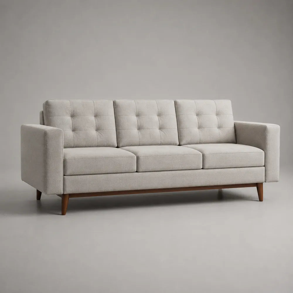 Canapé 3 places en tissu polyester beige avec dossier capitonné et pieds en bois 230 x 90 x 85 cm