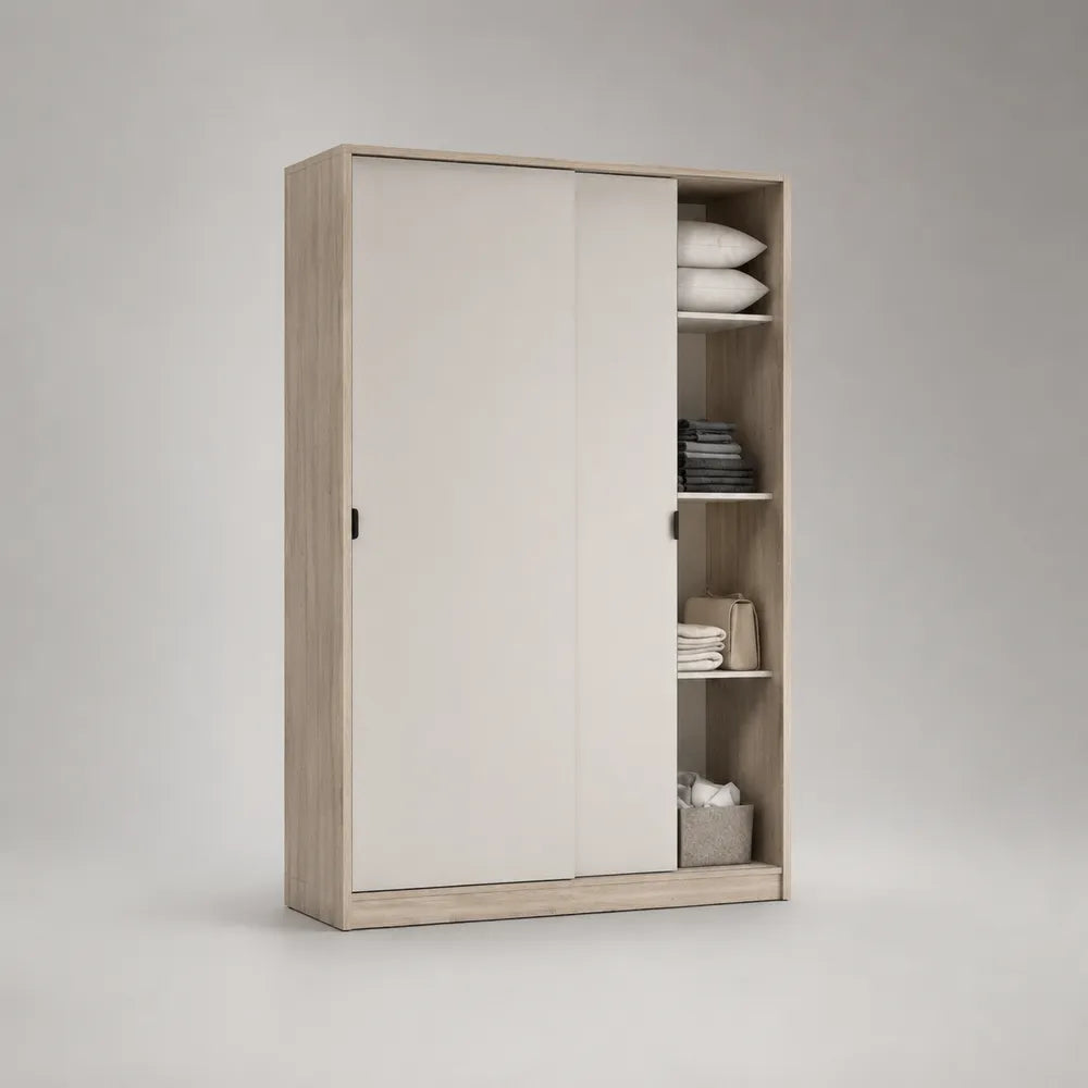 Armoire de chambre à portes coulissantes 120 x 50 x 180 cm en panneaux mélaminés chêne clair et blanc avec étagères