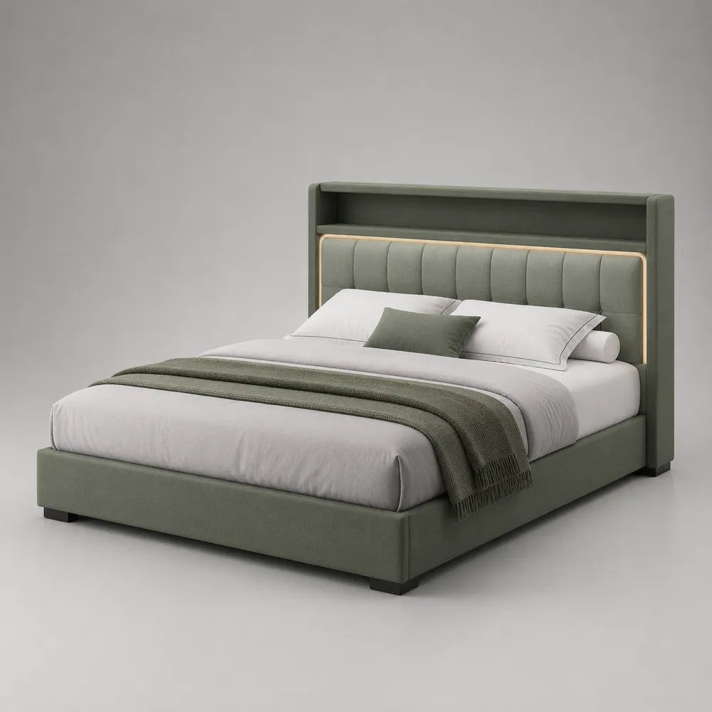 Lit double 160 x 200 cm avec tête de lit rembourrée en tissu polyester vert tablette supérieure intégrée