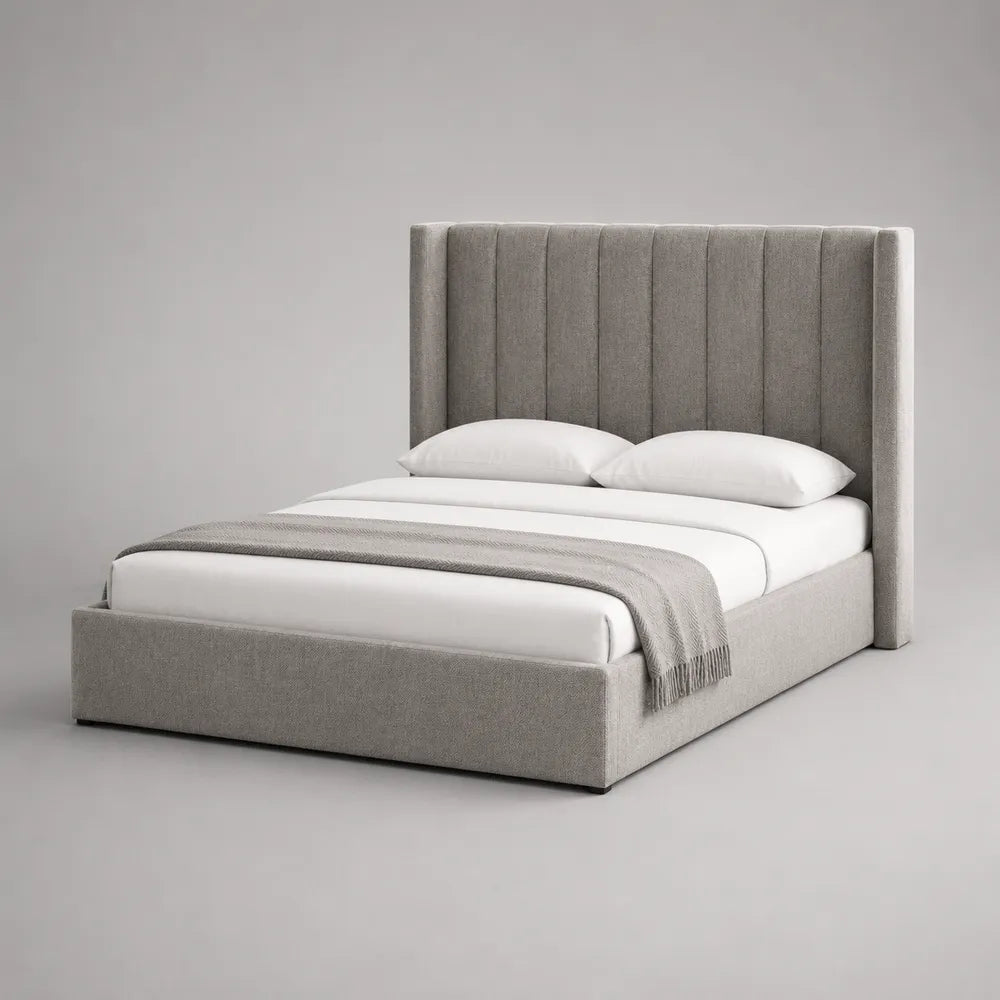 Lit double rembourré en tissu polyester gris avec tête de lit capitonnée verticale 160 x 200 cm