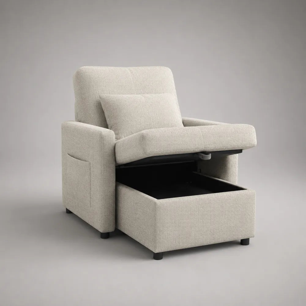 Fauteuil convertible en tissu polyester beige avec coffre de rangement et accoudoirs fixes 90 x 95 x 85 cm