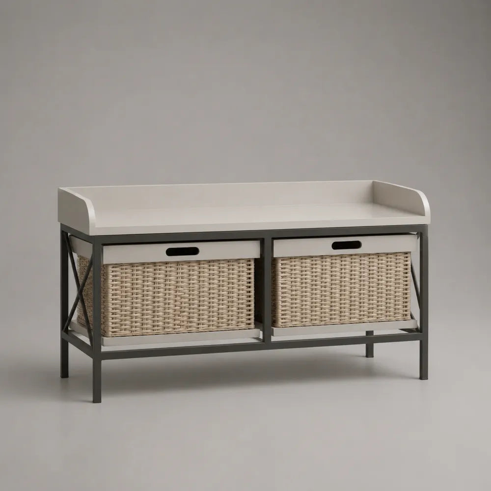Banc de rangement de bout de lit en acier et MDF avec deux paniers tressés 120 x 40 x 55 cm