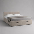 Lit coffre double beige en tissu polyester avec tiroirs de rangement et tête de lit capitonnée 160 x 200 cm