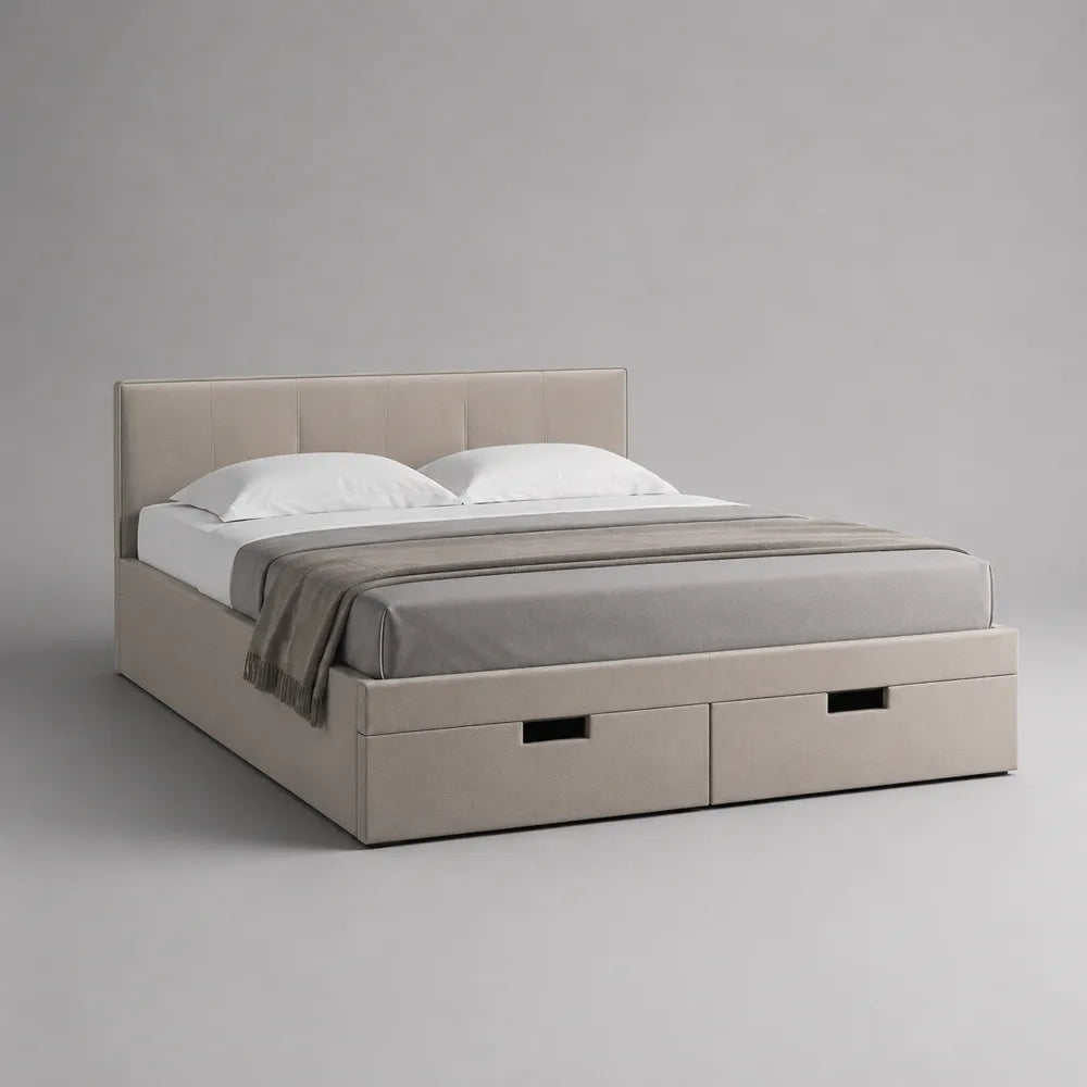 Lit coffre double beige en tissu polyester avec tiroirs de rangement et tête de lit capitonnée 160 x 200 cm