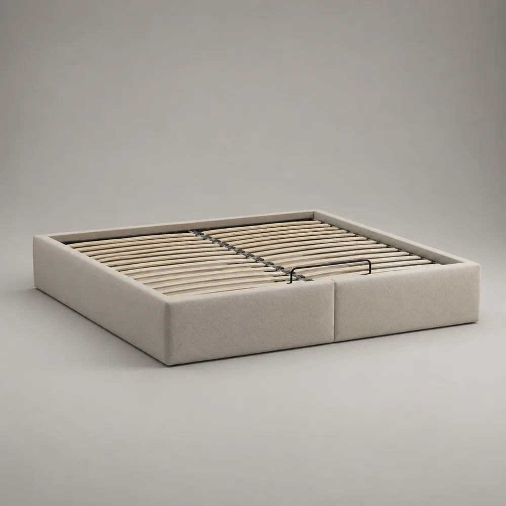 Cadre de lit double coffre 160 x 200 cm rembourré en tissu polyester beige avec sommier à lattes relevable