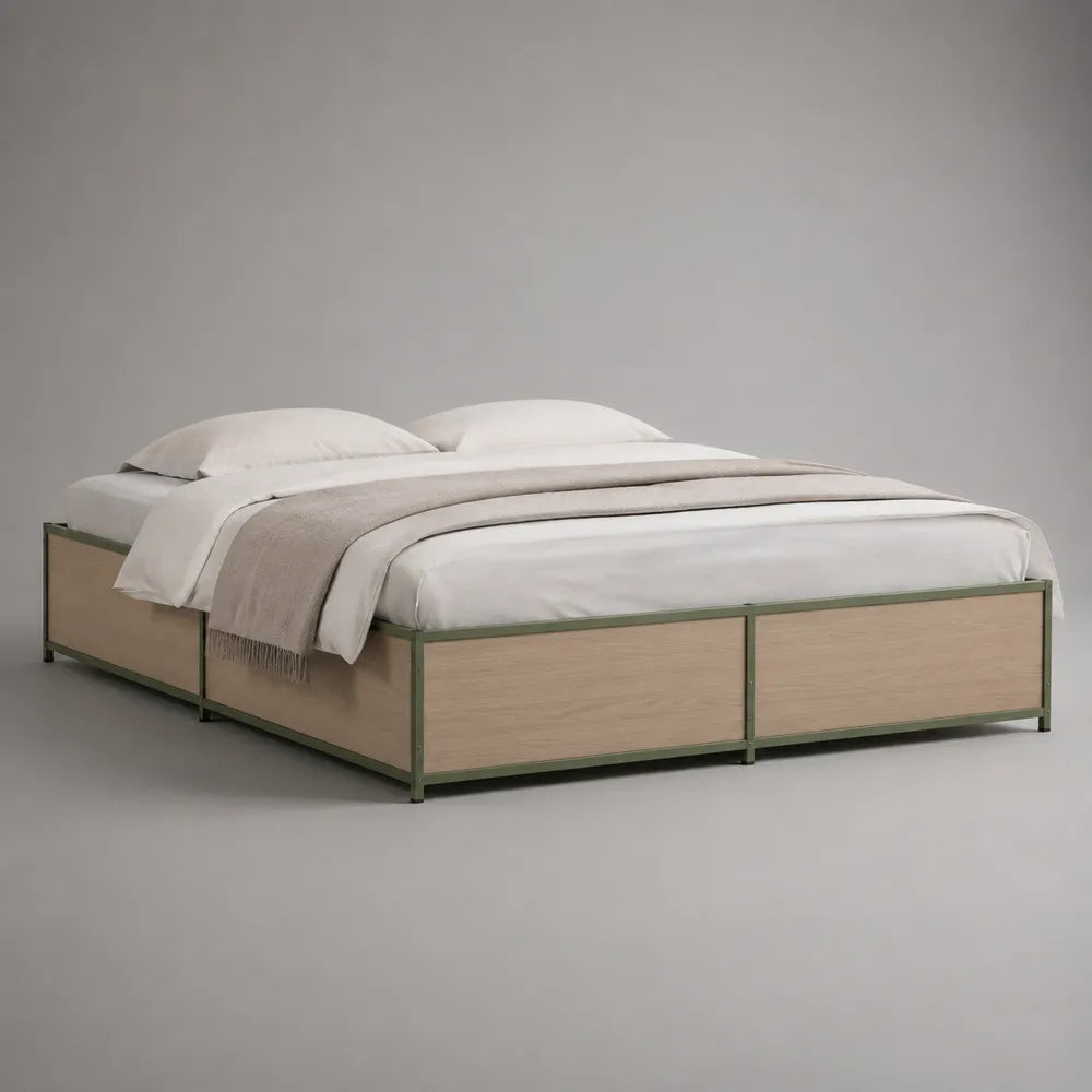 Lit double 160x200 cm cadre en acier et panneaux mélaminés beige avec structure rectangulaire basse