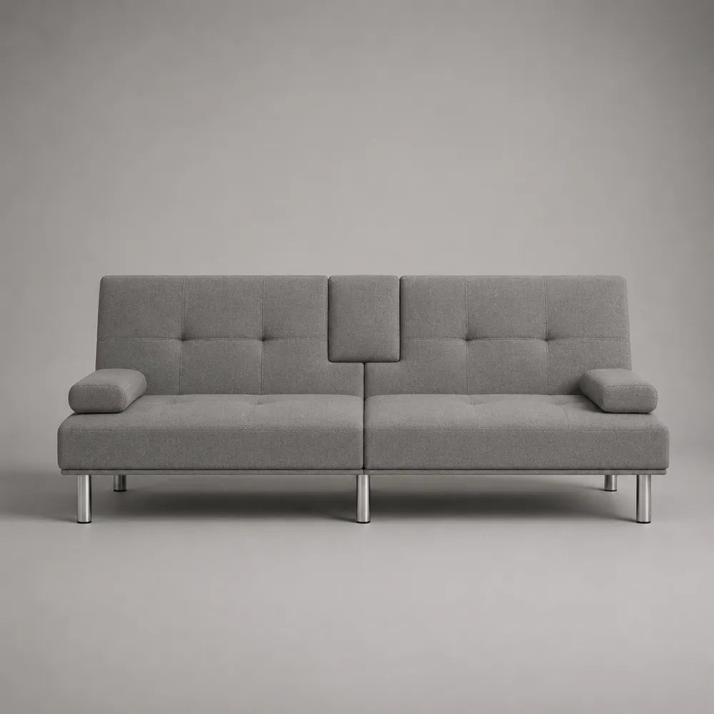 Canapé convertible 3 places en tissu polyester gris avec dossier réglable et pieds en acier argenté 220 x 90 x 85 cm