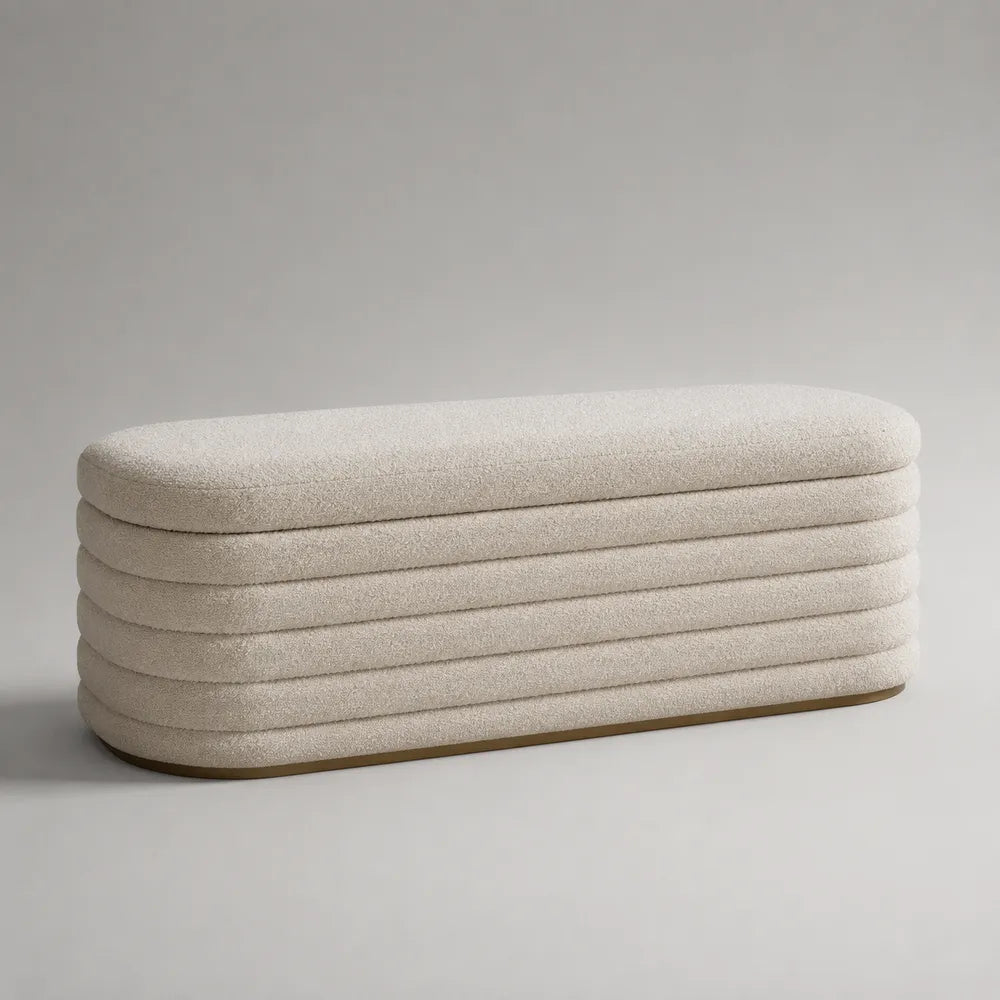 Banc de chambre 120x40x45 cm rembourré en polyester bouclé écru avec structure rectangulaire arrondie
