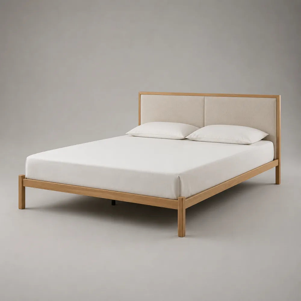 Lit double 160x200 cm cadre en bois avec tête de lit rembourrée en polyester beige et structure rectangulaire