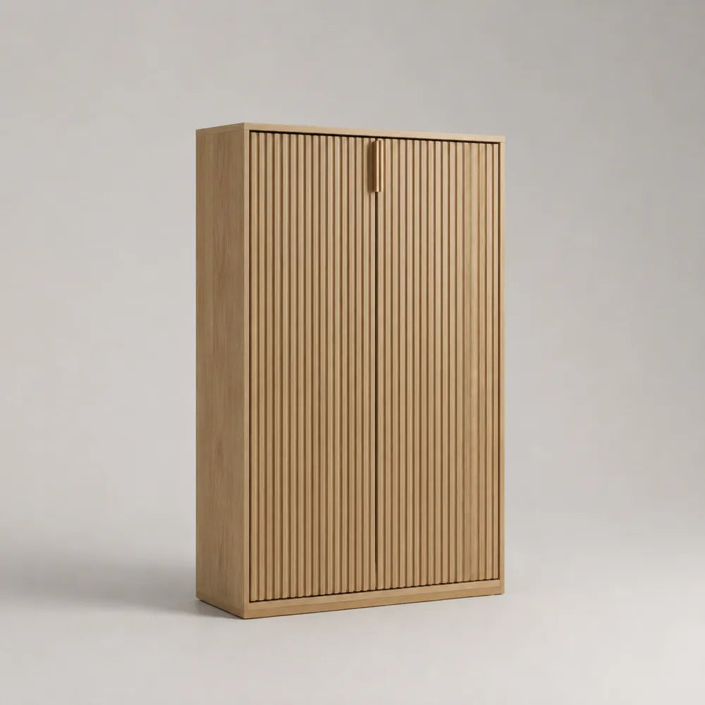 Armoire 120x55x180 cm en MDF chêne clair avec 2 portes battantes rainurées