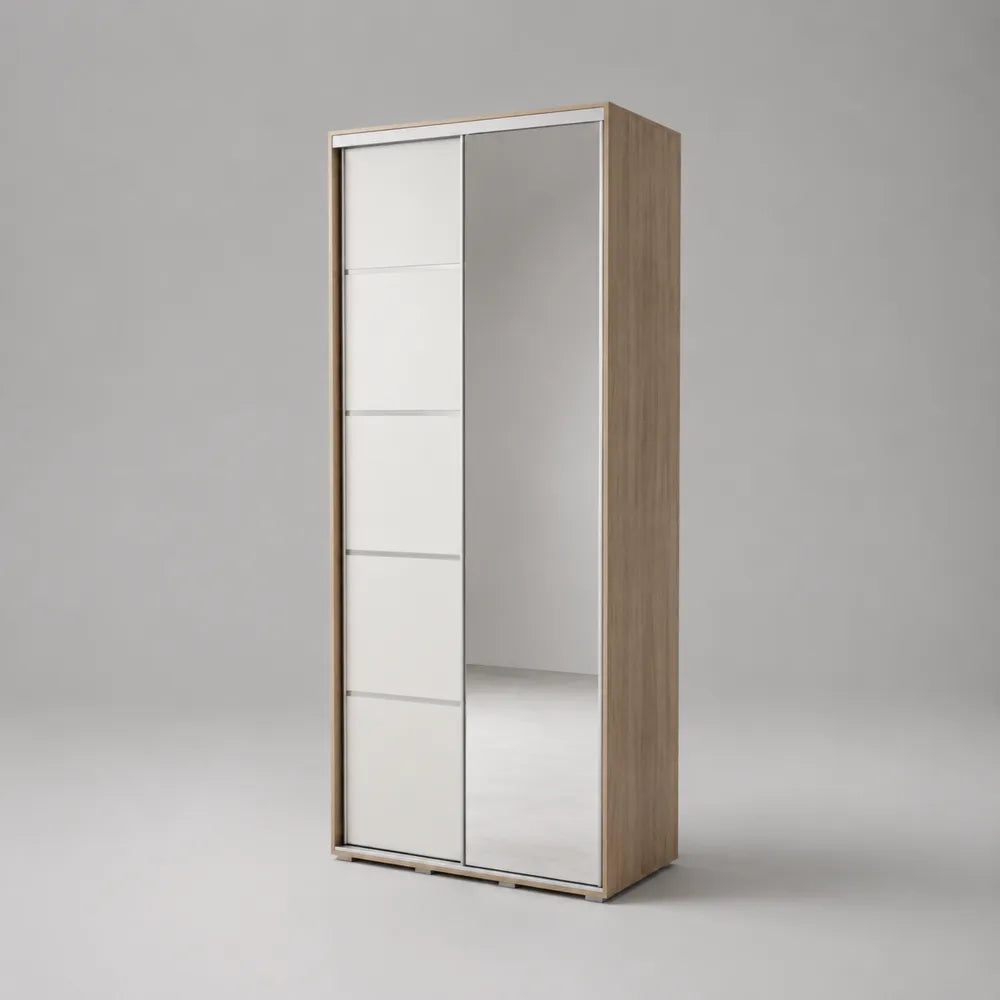 Armoire à portes coulissantes 2 portes en MDF chêne clair avec miroir et panneaux blancs 120 x 60 x 200 cm